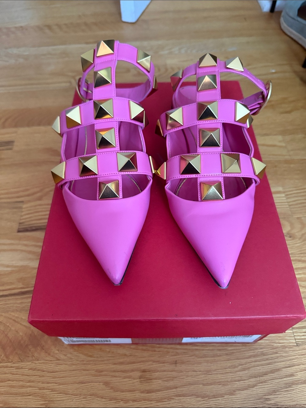 Valentino Garavani Pink Pointed Rockstud Strap Flats